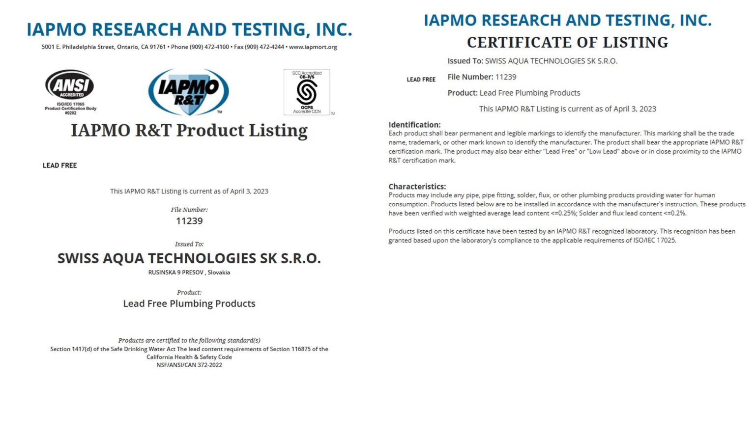 IAPMO R&T Certificate 1